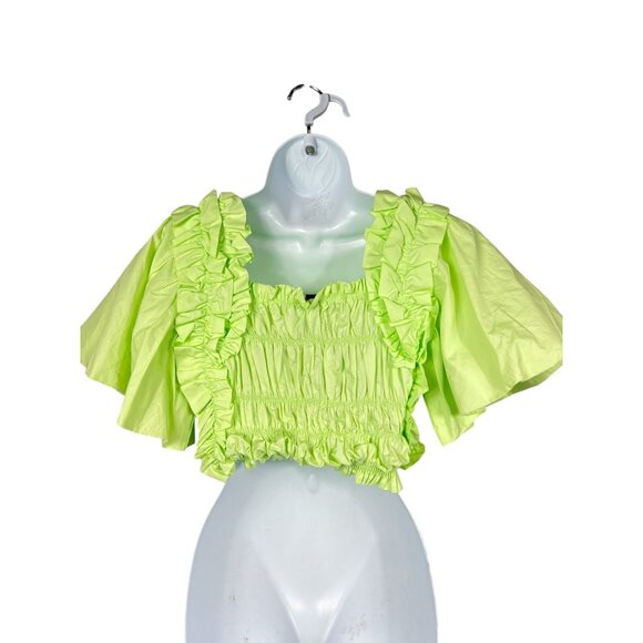 Zara Lime Green Smocked Ruffle Poplin Crop Top With Flutter Sleeves XS - Picture 4 of 13